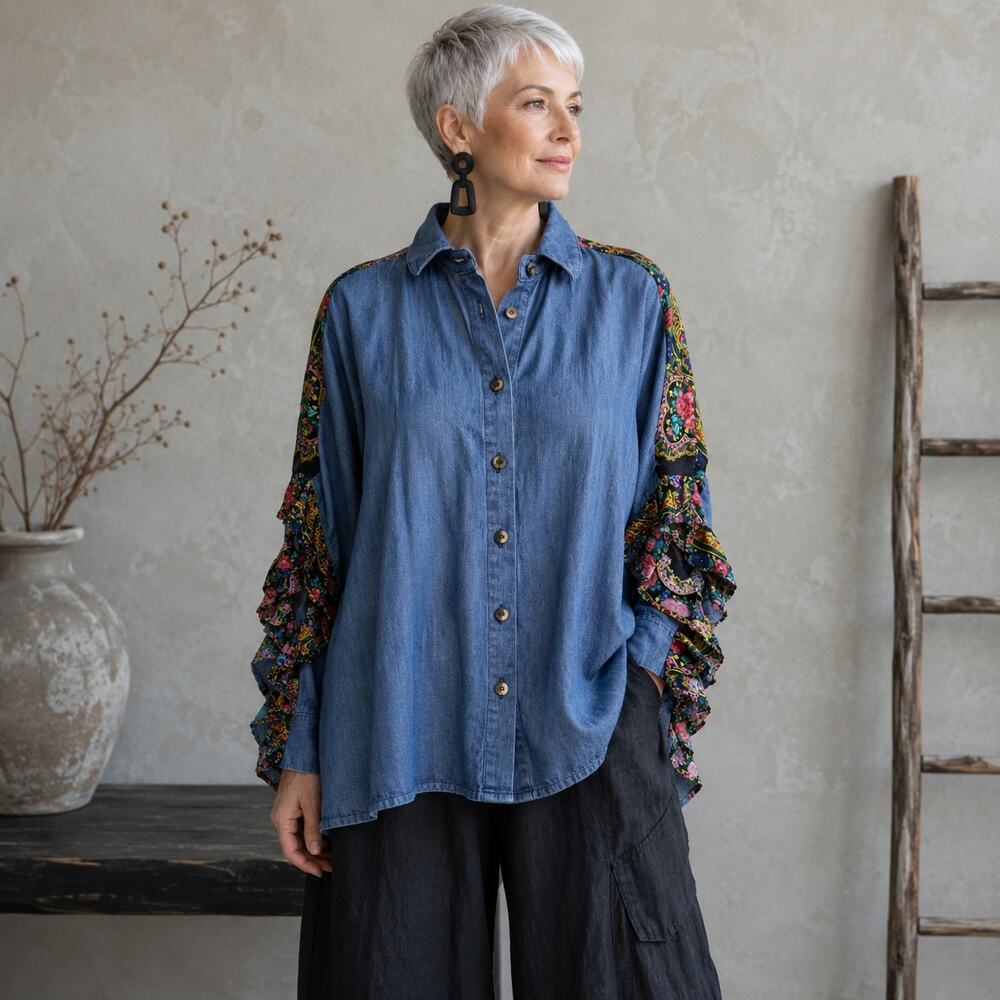 Linhas d'anjo blue Chambray Boxy Lagenlook Top Medium